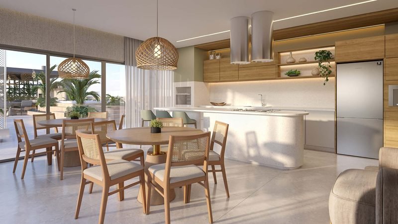 Espaço gourmet claro com cadeiras de palhinha e vista para o terraço