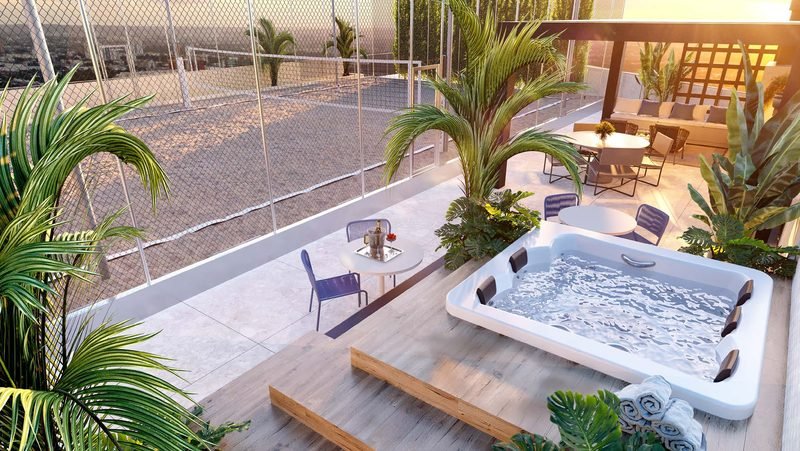 Jacuzzi no rooftop com vista para a quadra de beach tennis