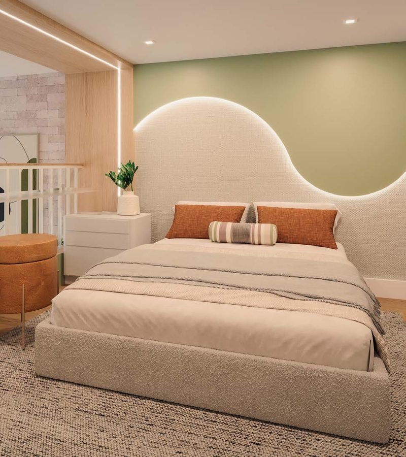 Quarto no mezanino de um loft com cabeceira iluminada