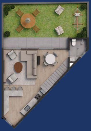 Planta de loft garden do 1º andar, com área externa privativa