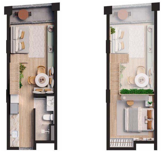 Plantas de loft e loft com terraço do 2º andar