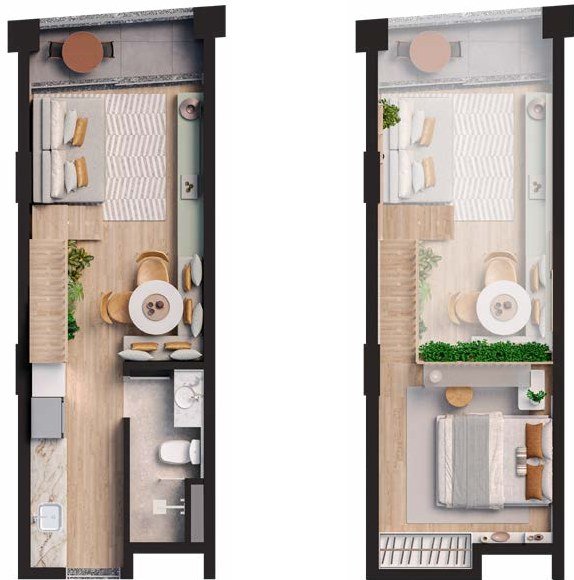 Plantas de loft e loft com terraço do 4º andar